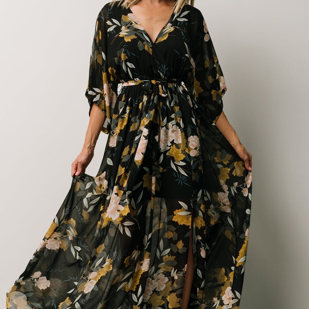Floral Maxi Dress in Black and Yellow